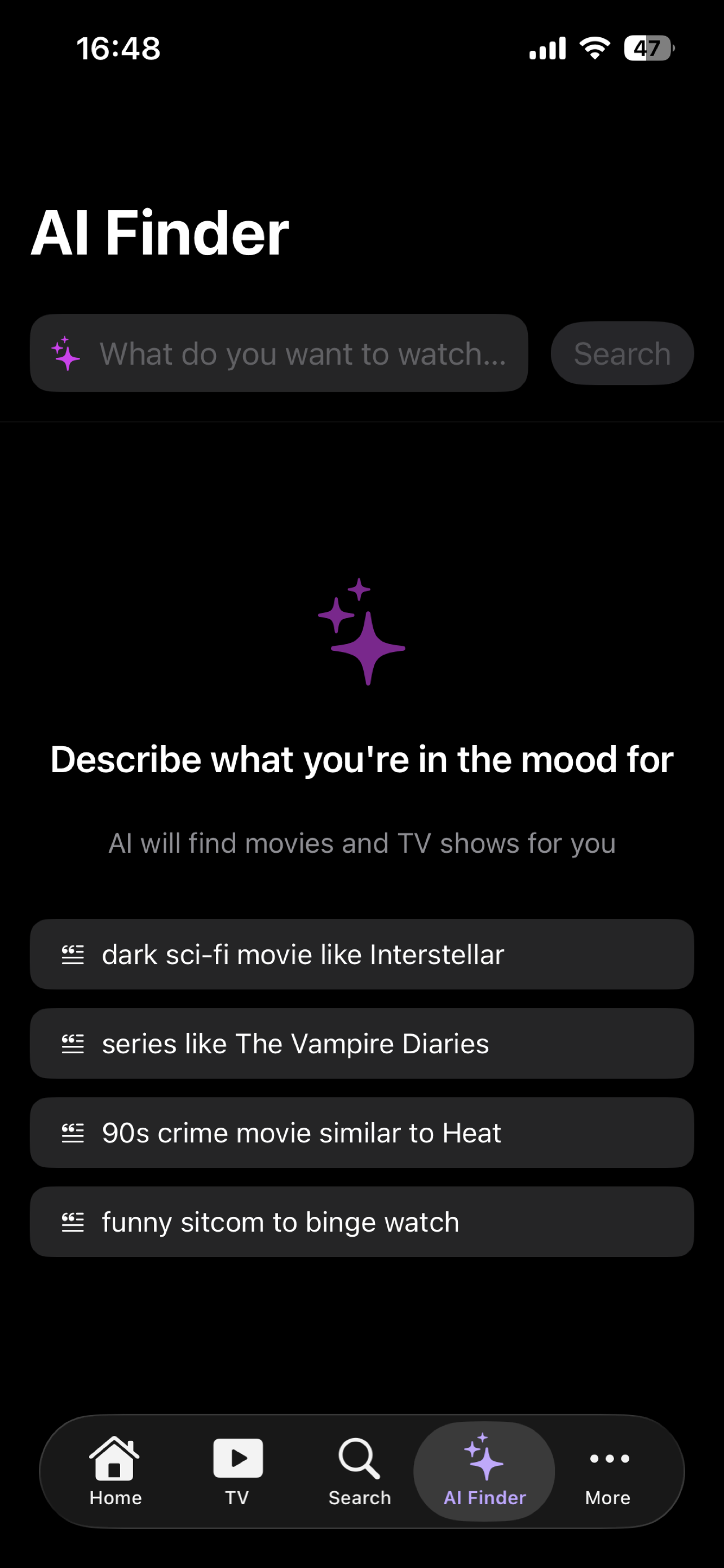 Moviesta AI Finder screen showing movie recommendations